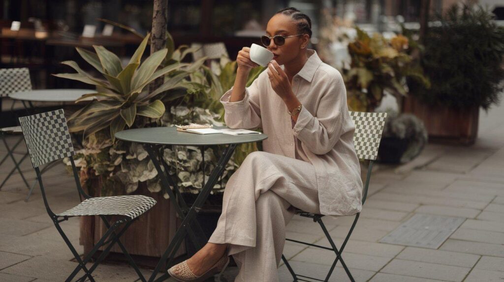 Person in a beige linen co-ord set enjoying coffee at an outdoor café