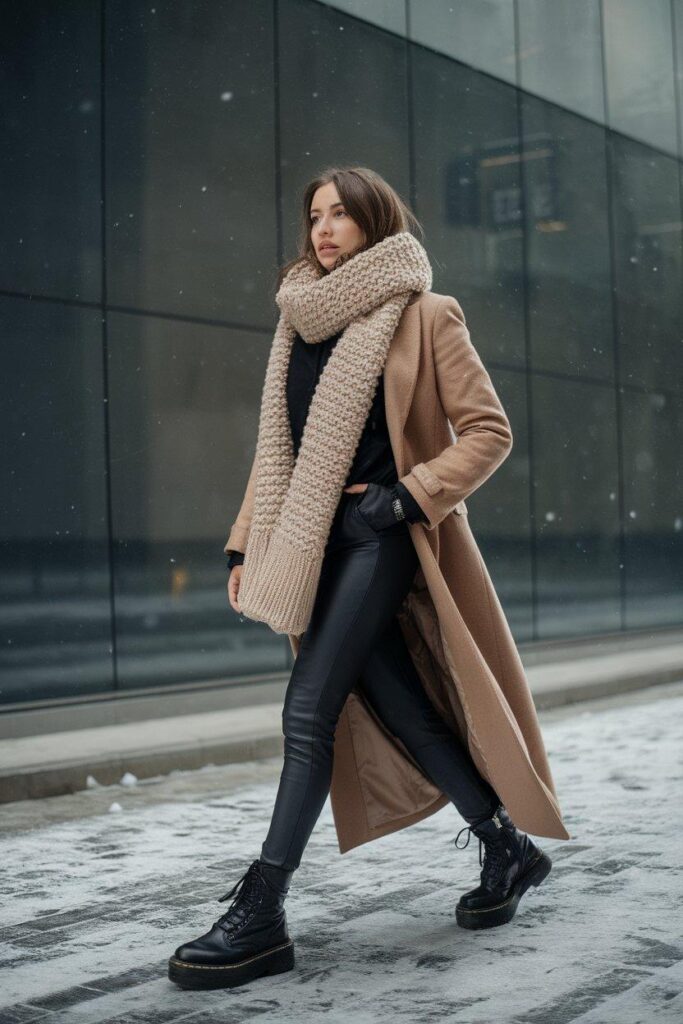 Woman in long wool coat, black leggings and combat boots on a snowy city sidewalk