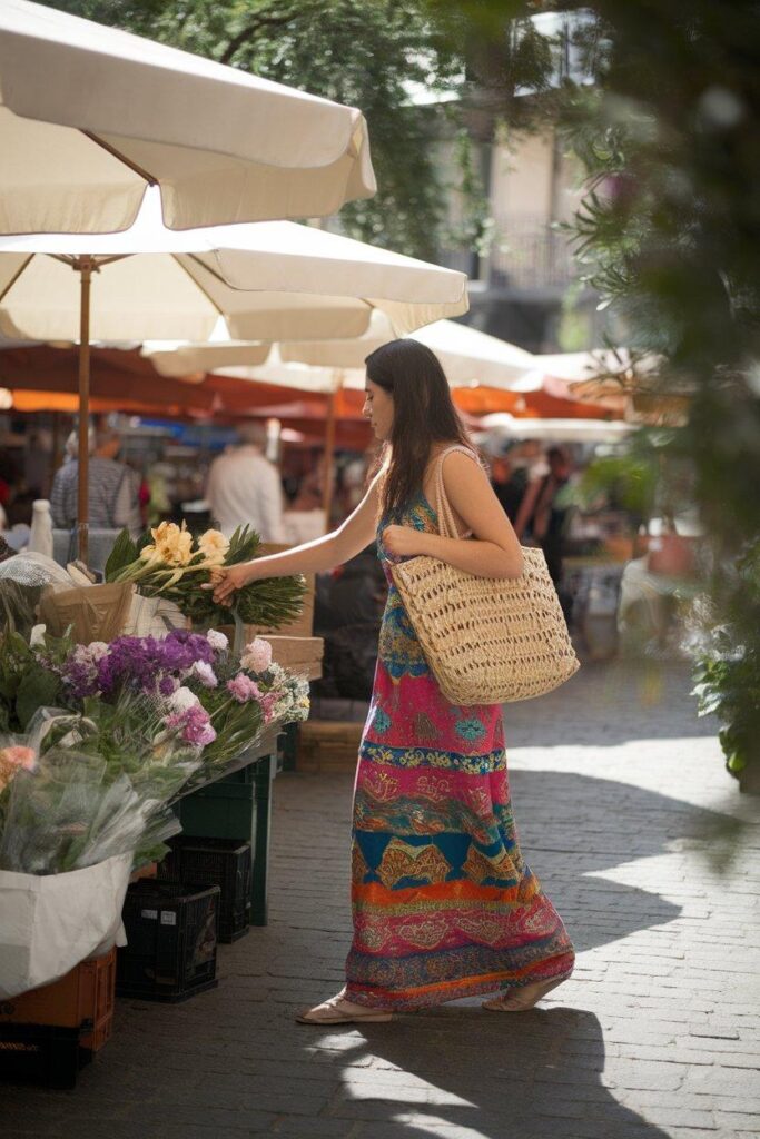 Woman in a flowy maxi dress picking flowers at a market, radiating effortless elegance.