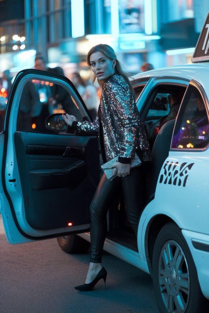 Woman in black leggings and sequin jacket stepping out of a taxi on a city street at night