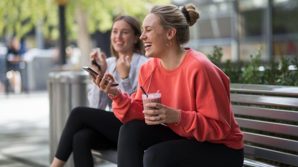 Woman in black leggings and a bright red sweatshirt laughing with a friend on a park bench