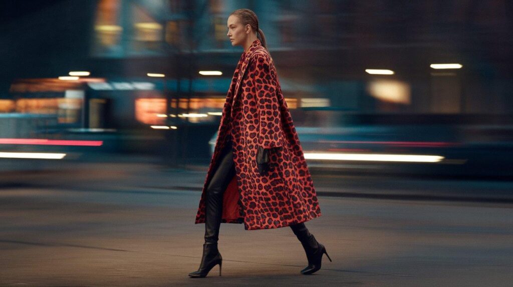 Woman wearing a bold statement coat over leggings walking past city lights