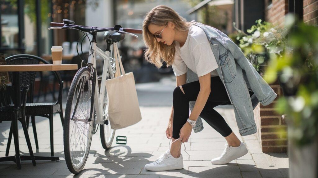 Woman in black leggings, white tee, and denim jacket tying her sneakers next to a bicycle outside a café.