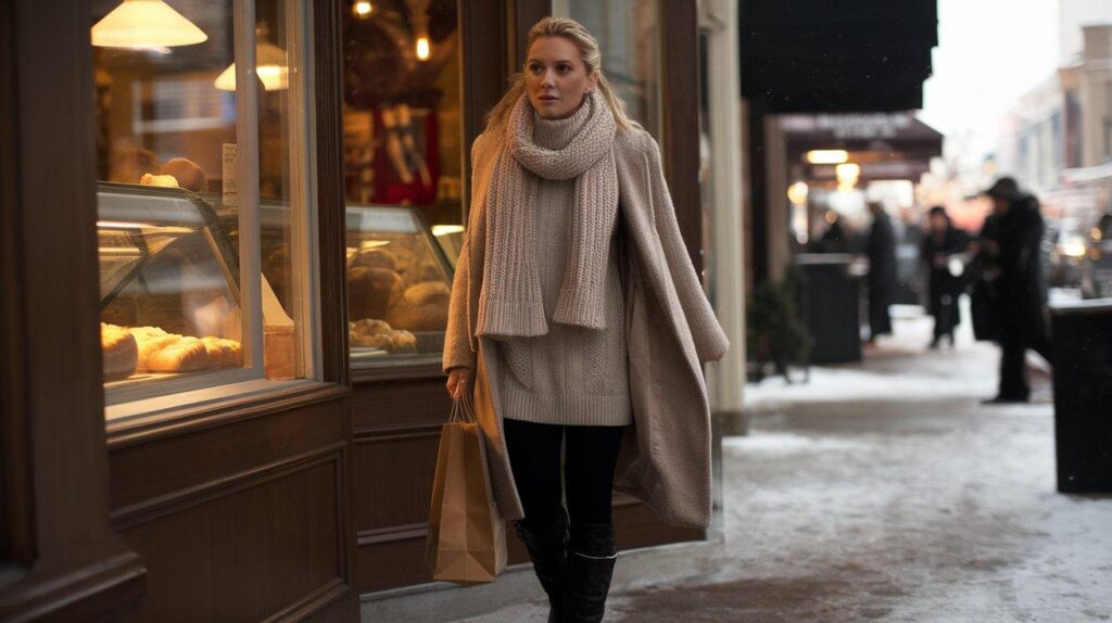 Woman in black leggings and winter coat leaving a bakery with a paper shopping bag