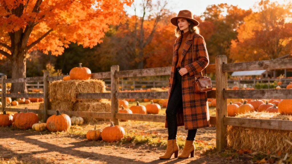 Woman wearing plaid wool coat and hat standing near pumpkins at sunset