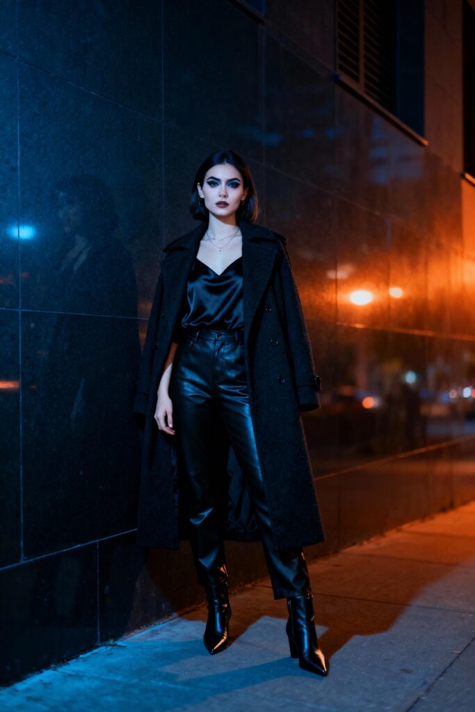 Woman in all-black leather and satin fall outfit at dusk