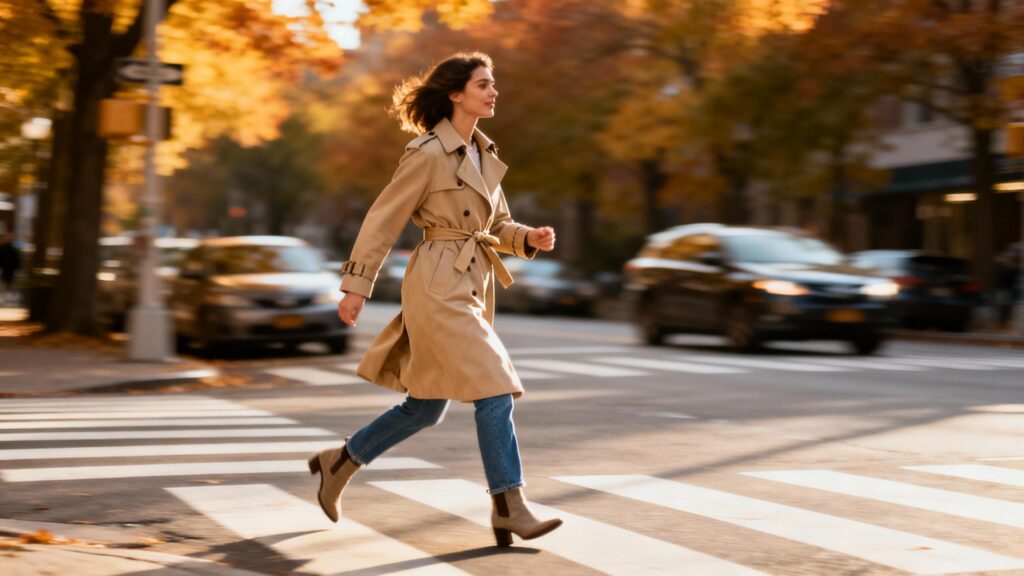 Woman in beige trench coat and jeans walking across a city crosswalk during fall.