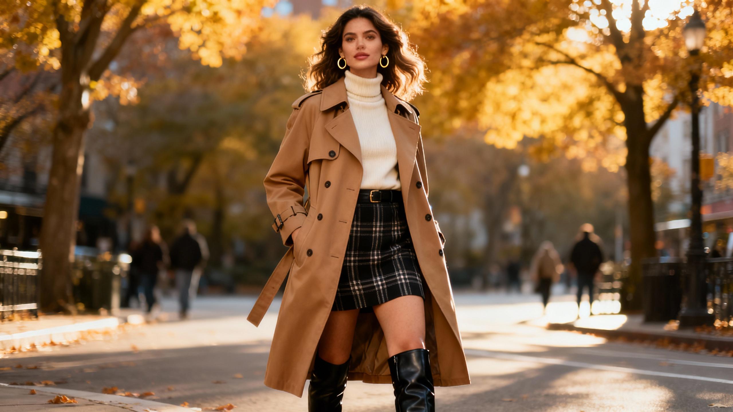 Stylish woman in fall outfit with trench coat and plaid skirt on city street