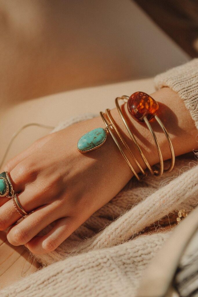 Close-up of boho jewelry with turquoise pendant and amber ring