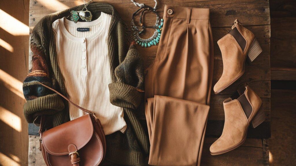Flat lay of layered boho fall outfit with earthy tones and turquoise jewelry