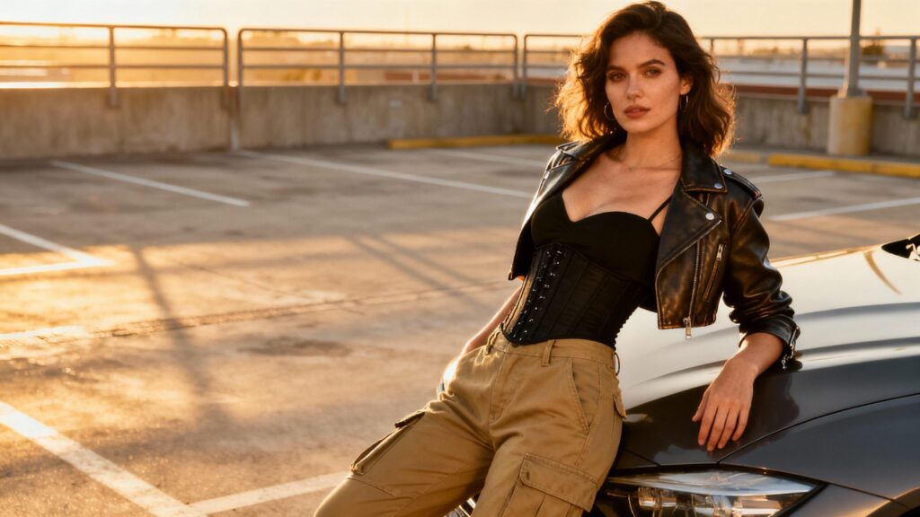 Woman in cargo pants and corset top leaning on car during fall