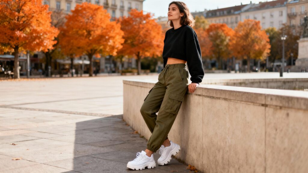 Woman in olive cargo pants and cropped sweatshirt for casual fall street style.