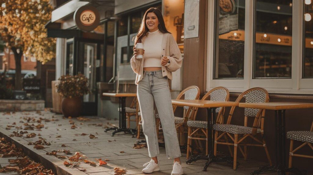 Woman in cream sweater and jeans holding coffee outside café, casual fall outfit