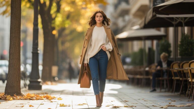 Stylish woman in cozy fall outfit walking on a leaf-lined city street