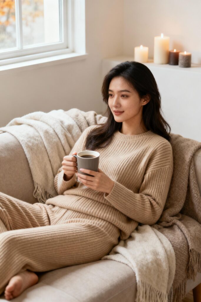 Woman in beige ribbed knit set relaxing with coffee in cozy fall setting.