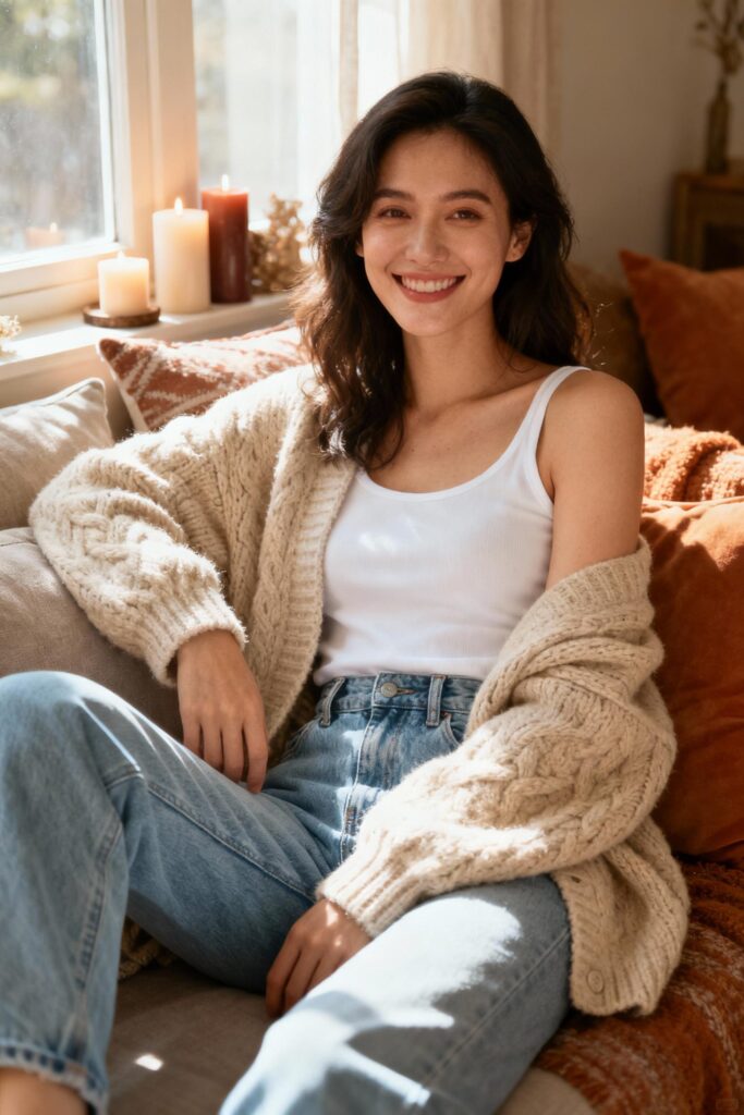 Woman in high-waisted jeans and beige cardigan sitting in cozy living room.
