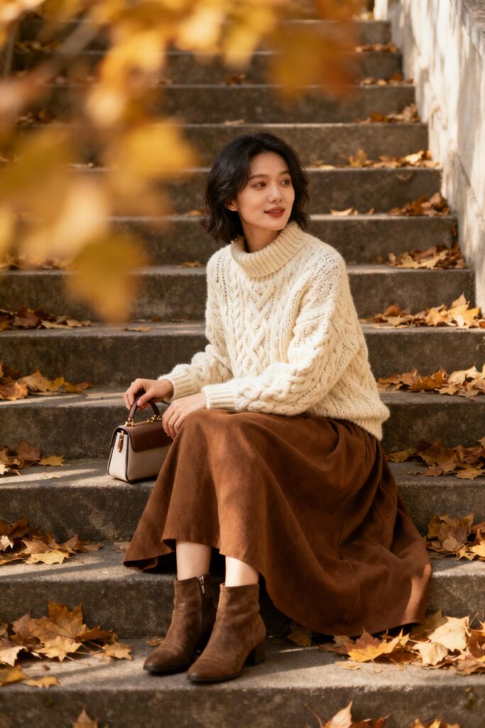 Woman in chunky knit sweater and brown maxi skirt sitting on fall steps.