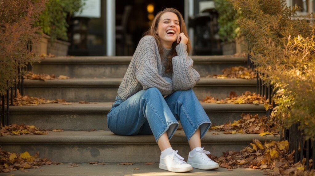 Woman in chunky knit sweater and jeans sitting at outdoor café in fall