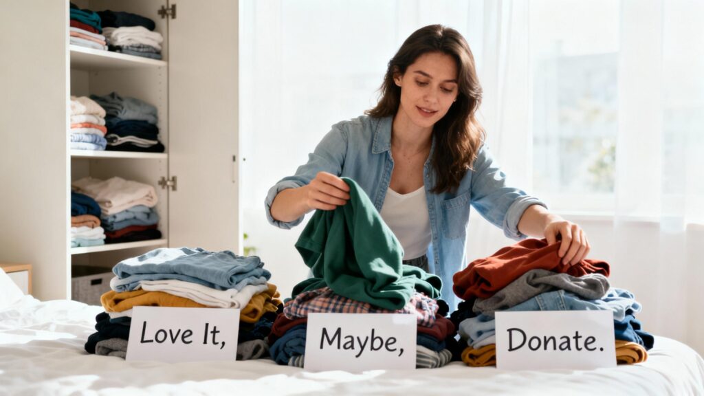 Woman sorting clothes into piles for a closet detox in a bright organized bedroom.