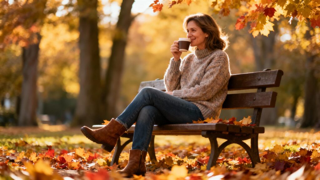 Smiling mom in cozy sweater sitting on park bench among autumn leaves