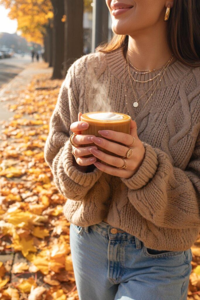 Woman in beige sweater and jeans holding coffee on autumn sidewalk