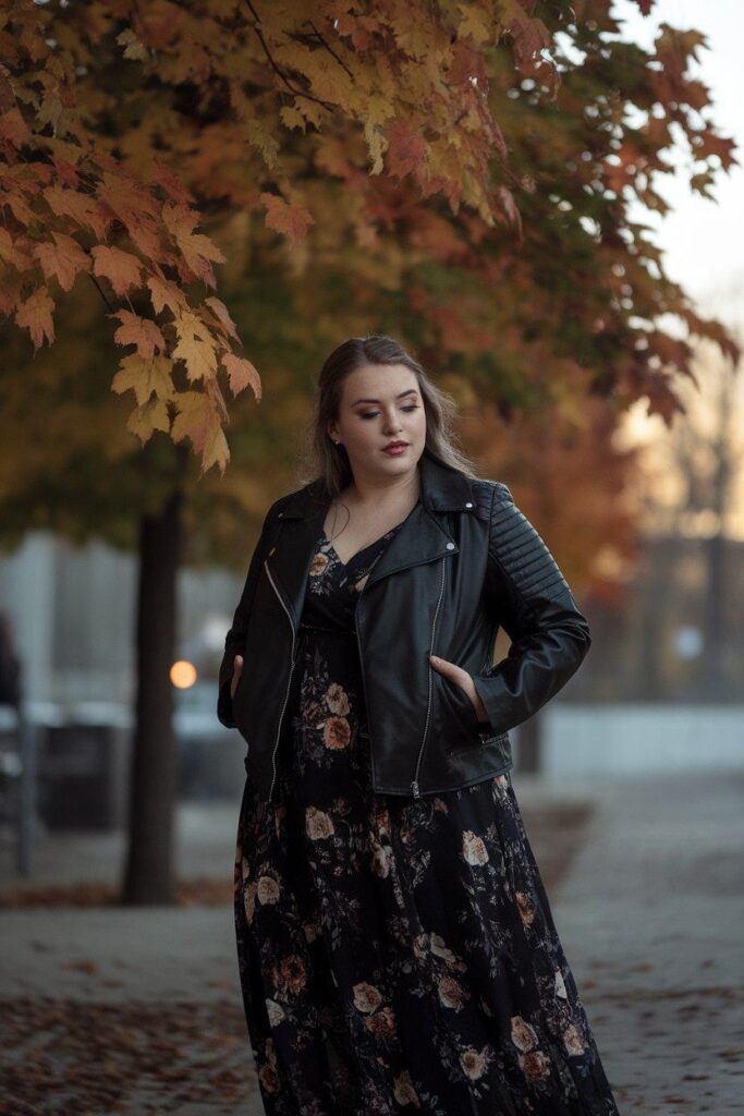 Plus size woman in floral maxi dress and moto jacket in fall