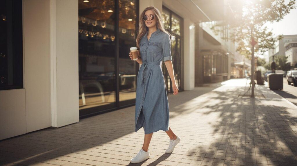 Woman in denim dress and sneakers walking city street daytime casual