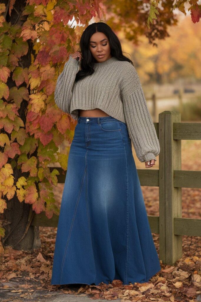 Plus size woman wearing denim maxi skirt and chunky sweater in fall