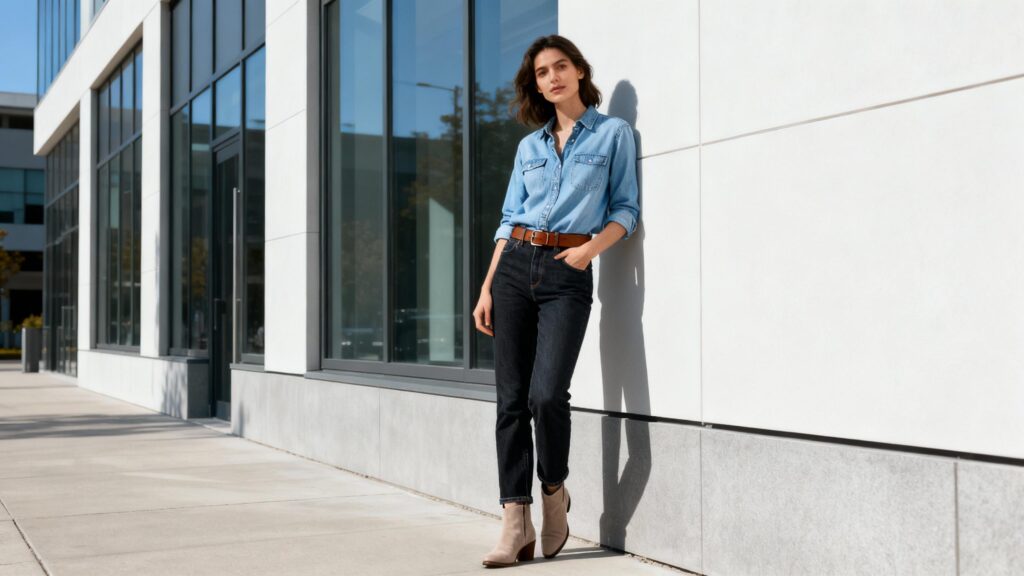 Woman in denim shirt and dark jeans wearing trendy fall denim-on-denim outfit