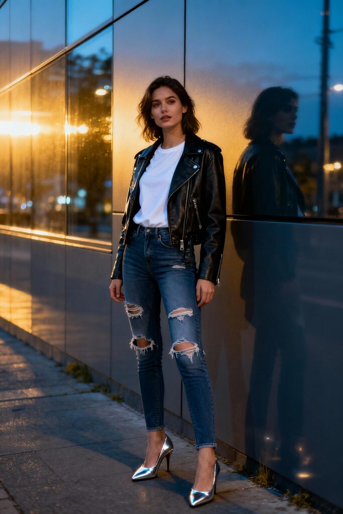 Woman wearing distressed jeans with silver metallic heels