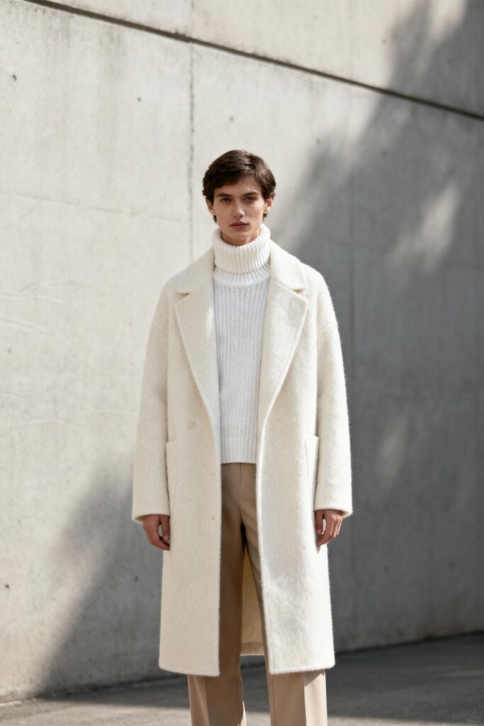Person wearing neutral monochrome winter outfit with ivory coat and beige trousers