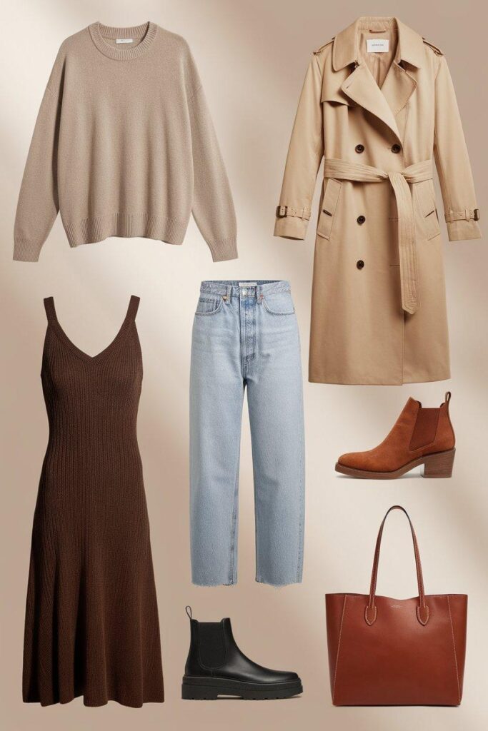 Collage of essential fall wardrobe staples in neutral tones including coat, jeans, boots