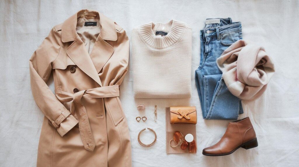 Flat lay of curated fall capsule wardrobe in neutral tones, organized minimalist layout