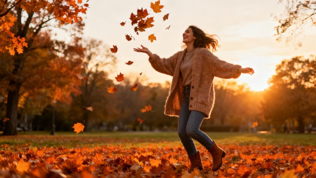 Woman in cardigan and jeans playing with autumn leaves at sunset