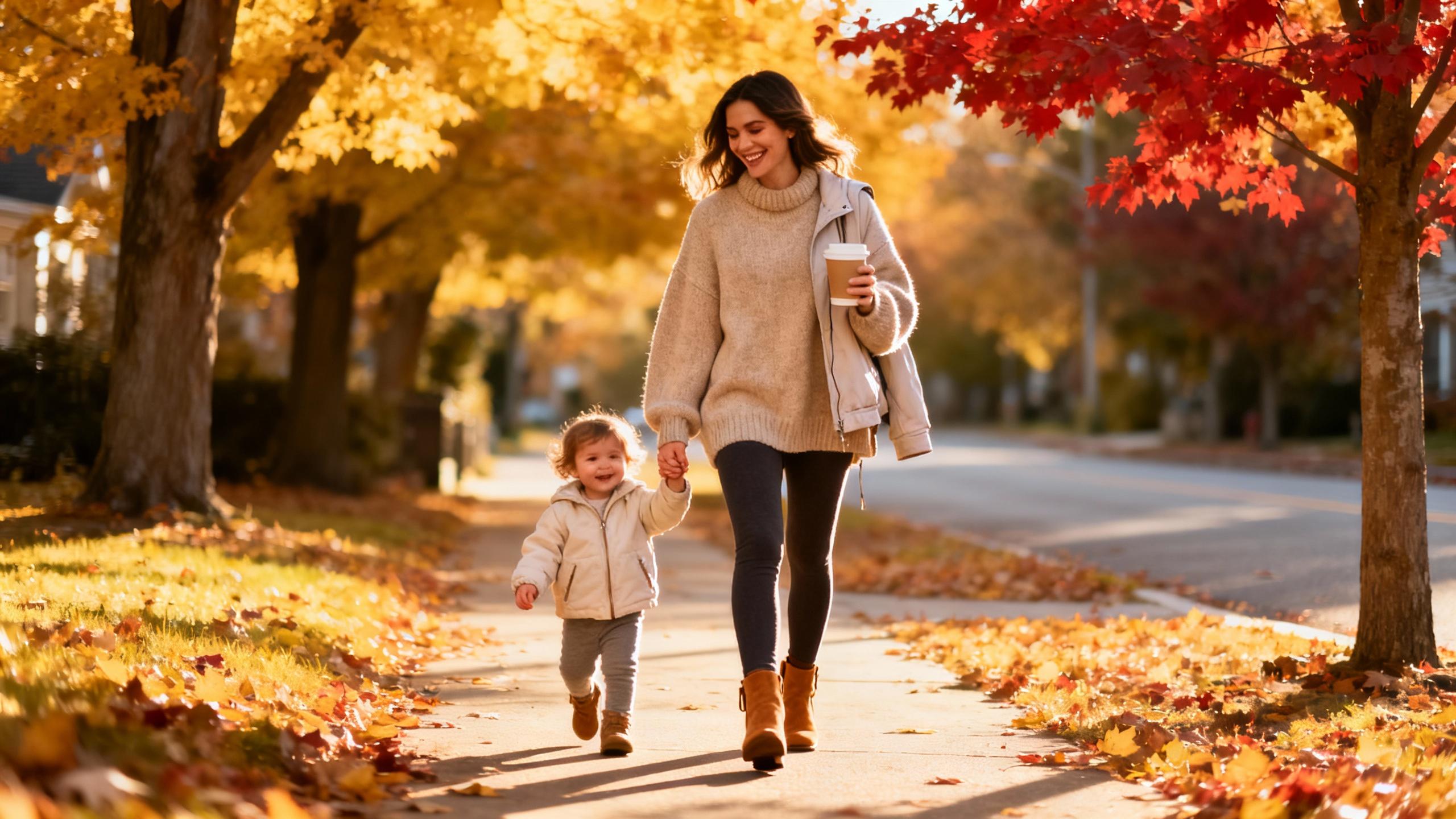 Chic fall mom wearing cozy beige sweater and leggings walking with child among autumn
