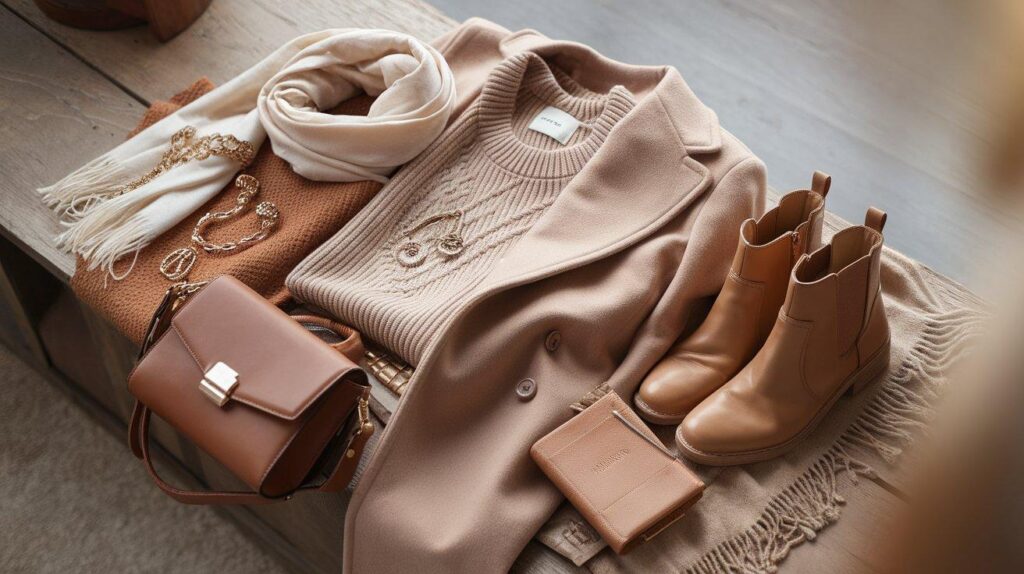 Flat lay of beige sweater, tan boots, and fall neutrals accessories on wood surface