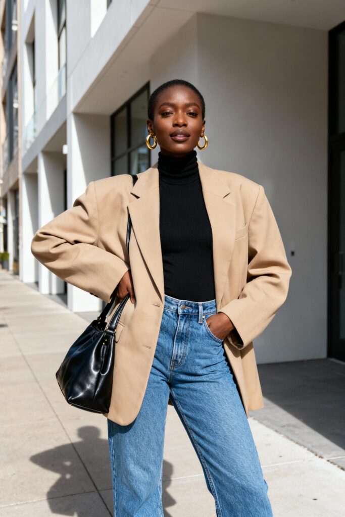 Black woman in oversized blazer and turtleneck posing in city street