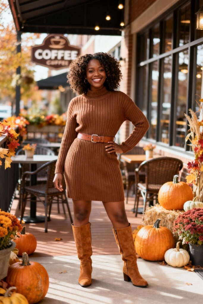 Black woman in mocha knit dress and boots on autumn patio