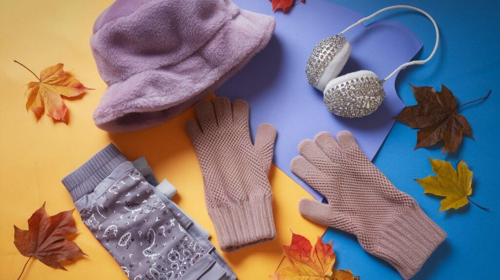 Flat lay of fall rave accessories like leg warmers, earmuffs, and bucket hat