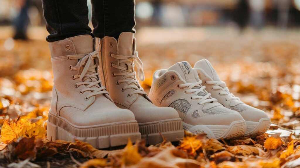 Close-up of platform boots and sneakers on autumn leaves at a rave