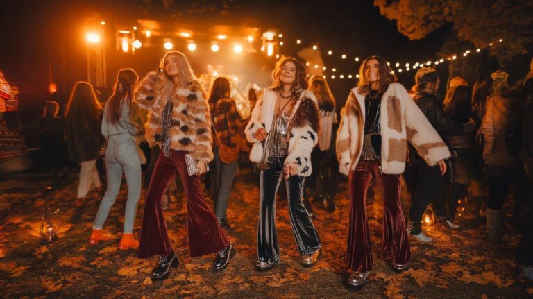 Women in cozy fall rave outfits dancing at a nighttime festival under warm lights.