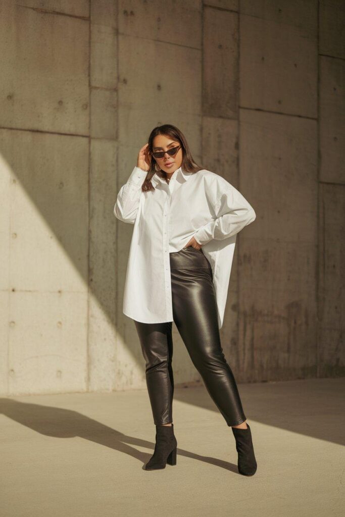 Plus size woman wearing faux leather leggings and oversized shirt