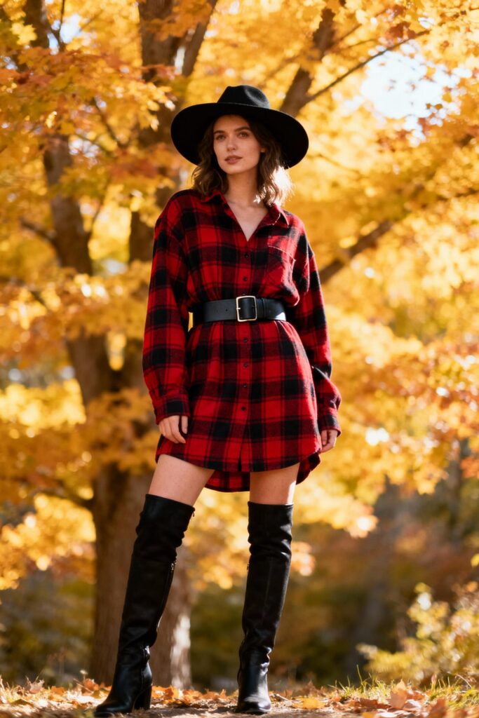 Woman in flannel shirt dress and thigh-high boots during fall