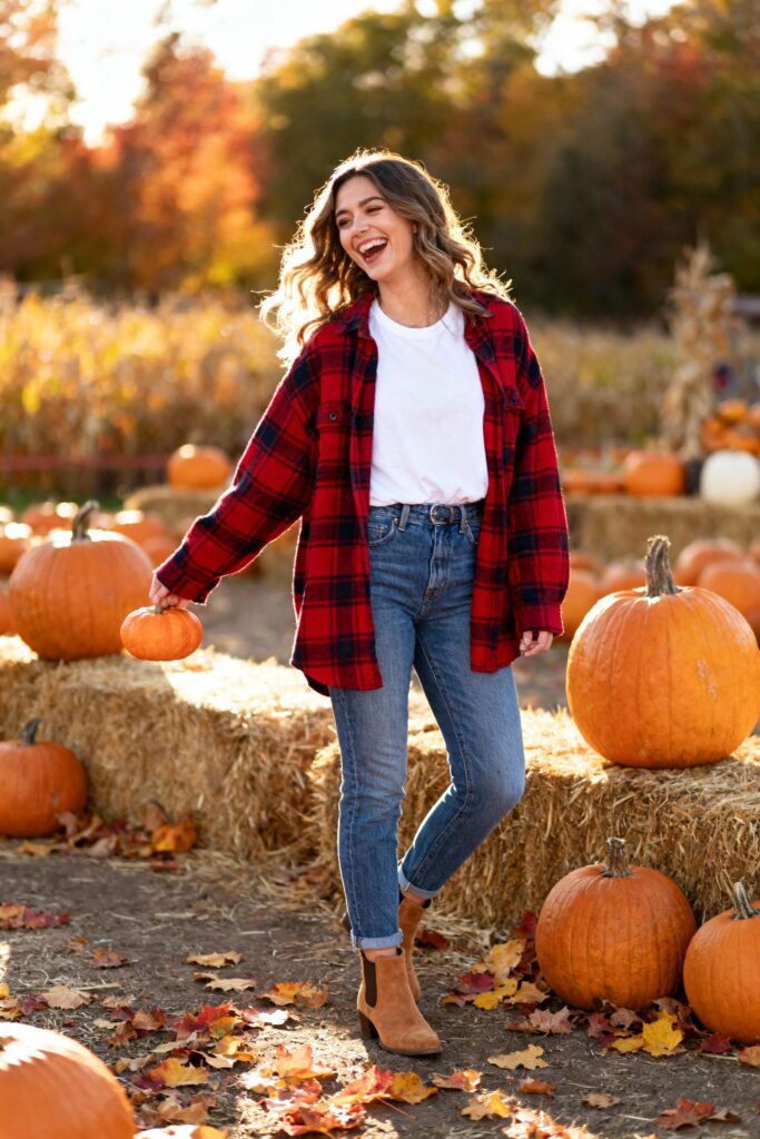 Woman wearing red flannel and jeans posing at pumpkin patch on sunny fall day