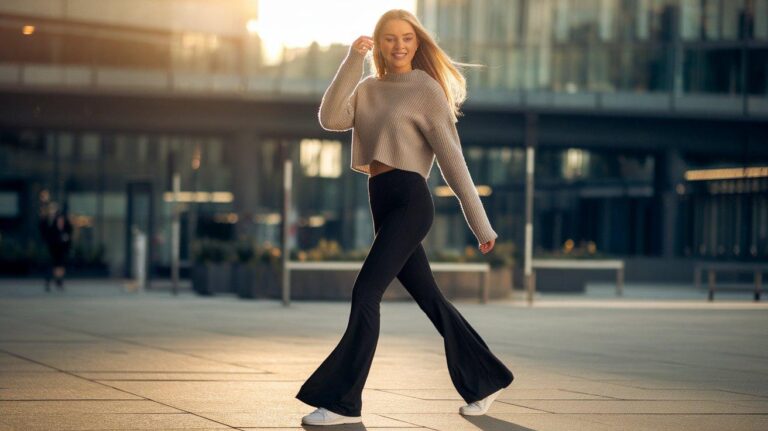 Stylish woman wearing black flare leggings and cropped sweater on city street at sunset.