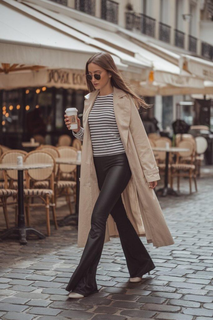 French-inspired outfit with flare leggings, striped tee, and trench coat in Paris.