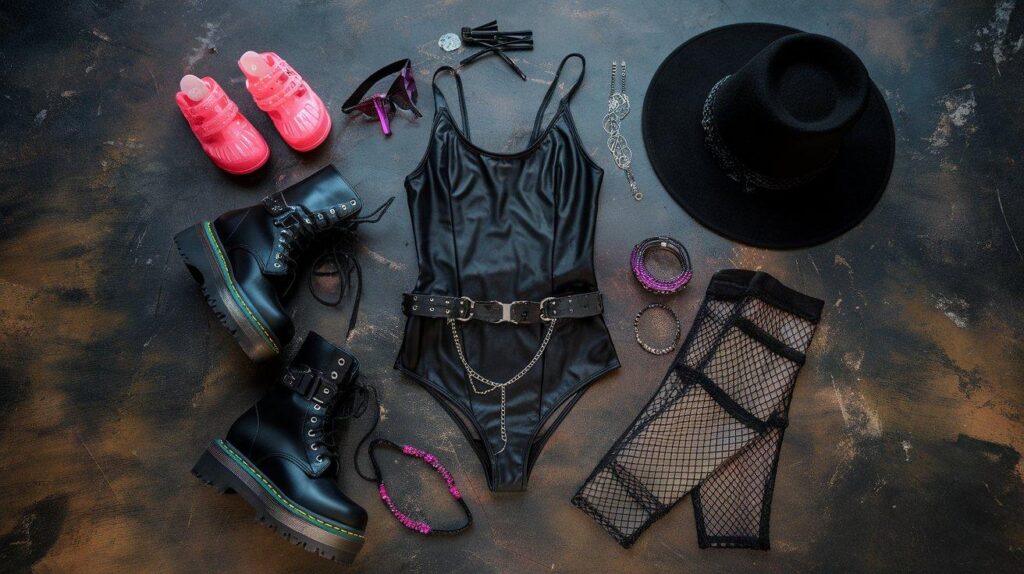 Flat lay of Halloween rave capsule essentials including bodysuit and boots