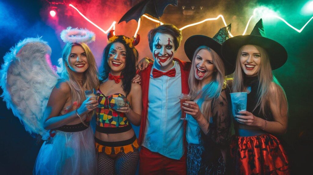 Group of friends in themed Halloween rave outfits at neon party