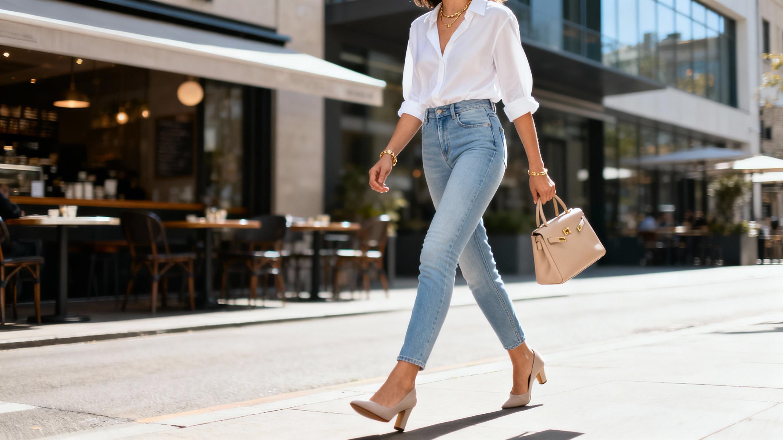 Woman wearing jeans with heels walking confidently down a city street