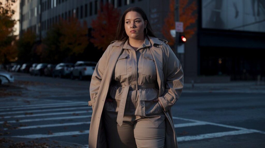 Plus size woman in belted jumpsuit and trench coat in fall city